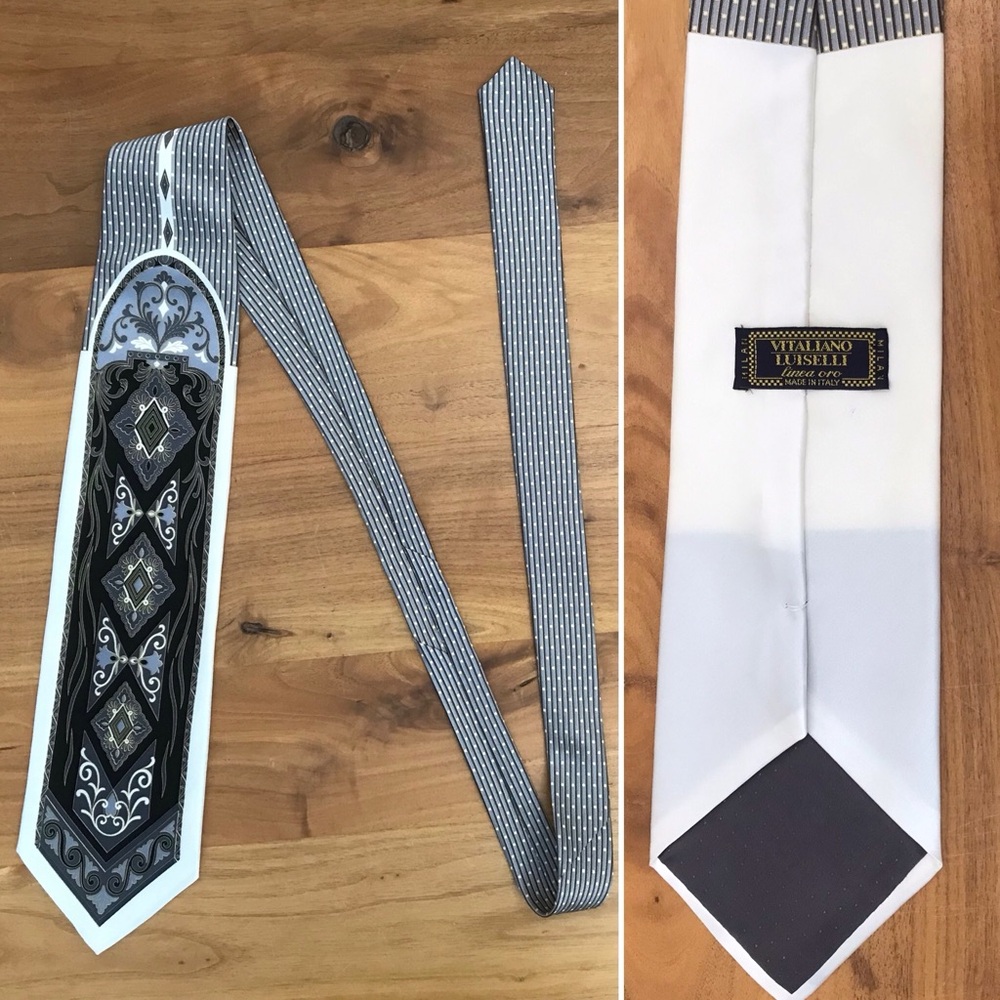 Elegant Vitaliano Luiselli Italian Silk Neck Tie Black Gray Off White